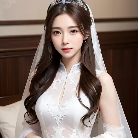 Girl, long brown hair, gray eyes, sharp features, white skin, wearing a wedding dress, 