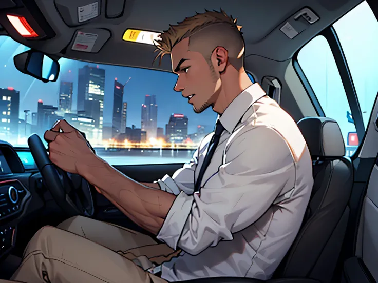 side view of a man with light brown shaved hair. He has a white shirt on. dark colors, night. He is talking, open mouth. he is driving