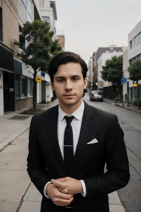 A photo of a 30 year old white man with black hair, entrepreneur wearing a suit