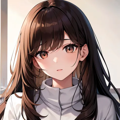 Girl, long brown hair, gray eyes, sharp features, white skin, winter school teacher