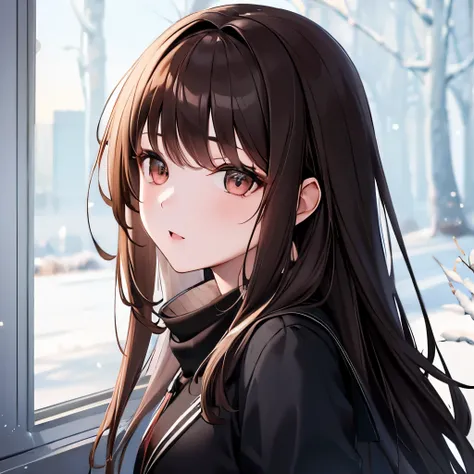 Girl, long brown hair, gray eyes, sharp features, white skin, winter school teacher