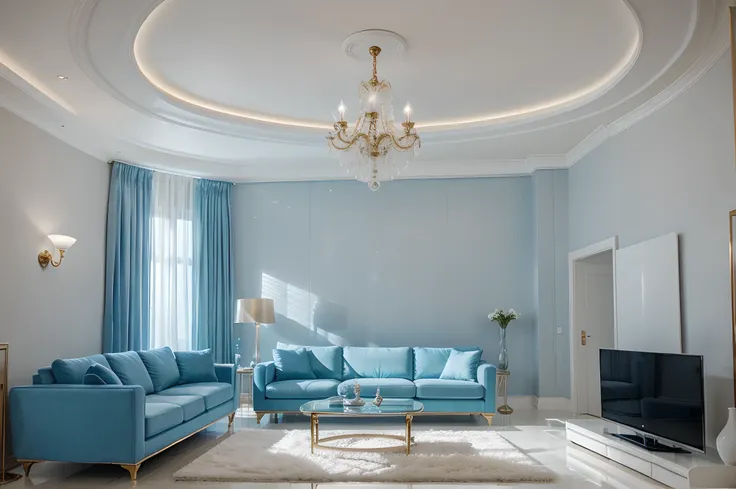 spacious living room, Modern design, There is a sofa and a large TV, 1 luxurious chandelier on the ceiling, blue white color tone, European style, natural color, Photo taken from Canon camera