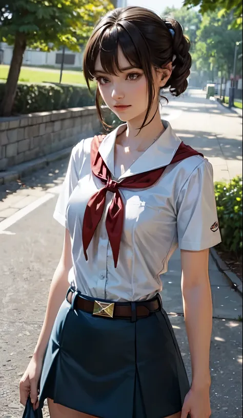 pioneer neckerchief, very short blue skirt, bangs, collarbone, tight white shirt, bursting breast, short sleeves, collared shirt, belt, red neckerchief, full height, sashagrey, long straight dark hair, sluty smile, perfect medium breast
