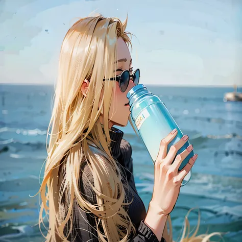 blond hair, black sun glasses, blue water bottle, long blond hair, blue sea on the background with blue sky horizon, black sweater