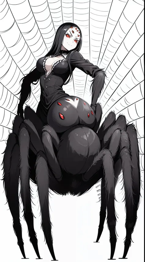 (1girl),solo,long hair,black hair,angry,smile,(((arachne,black spider))),(white background,line drawing)