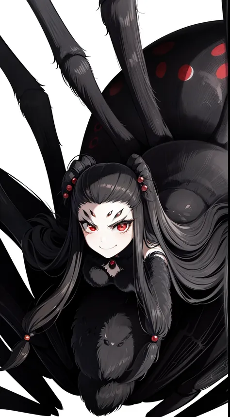 (1girl),solo,long hair,black hair,angry,smile,(((arachne,black spider))),(white background,line drawing)