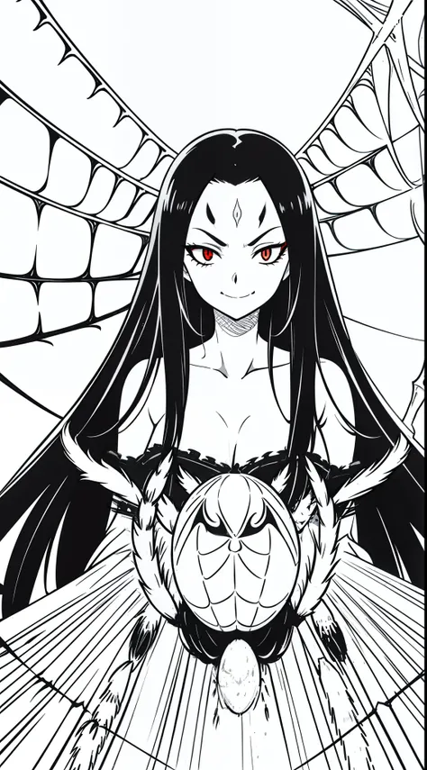 (1girl),solo,long hair,black hair,angry,smile,(((arachne,black spider))),(white background,line drawing),