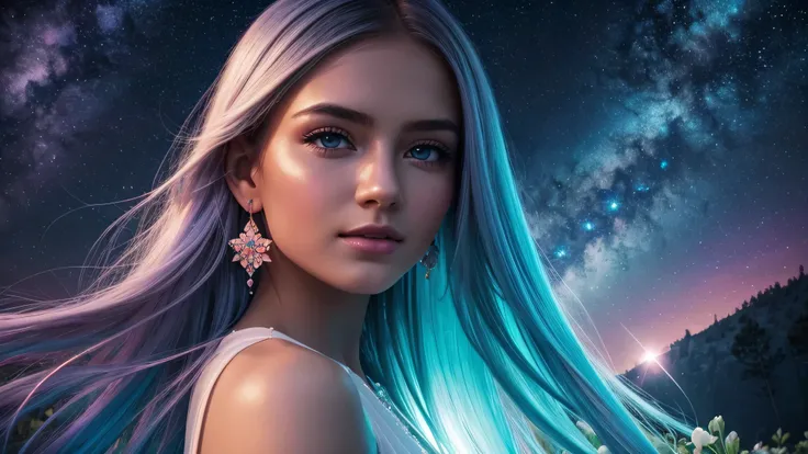 Beautiful realistic girl with BRIGHT WHITE-BLUE long hair ,Close-up of clean skin with detailed skin ,full length,in a short miniskirt,on an orange background ,Against the background of the starry sky,bright makeup,EARRINGS WITH GLITTERS,two-leaf gray flow...