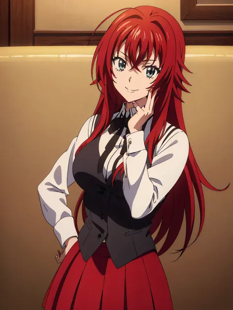 (((picture perfect))), (absurdres), 1girl, solo, rias gremory, school uniform, red skirt, looking at viewer, smile, (((upper bod...