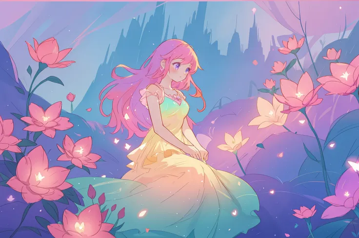 beautiful girl in glowing layered fantasy dress, fairy girl, sparkling glowing lights, long glowing purple pink hair, otherworldly flowers and colorful plants, inspired by Glen Keane, inspired by Lois van Baarle, fantasia otherworldly landscape, fantasia b...