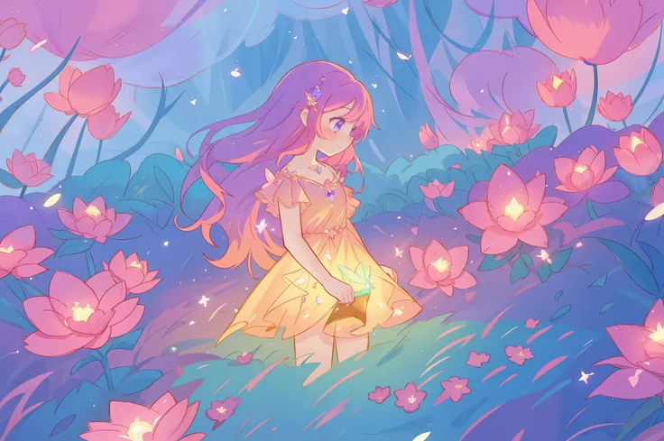 beautiful girl in glowing layered fantasy dress, fairy girl, sparkling glowing lights, long glowing purple pink hair, otherworldly flowers and colorful plants, inspired by Glen Keane, inspired by Lois van Baarle, fantasia otherworldly landscape, fantasia b...