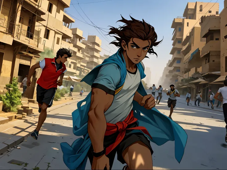 There is a man running chasing a  through the streets of modern Cairo