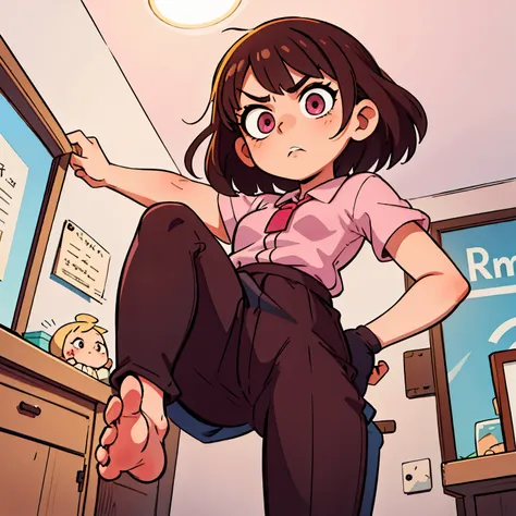 small girl, brown hair, short hair, pink eyes, disgusted expression, ffa, from below, leg up, sole, feet, looking at viewer, bes...