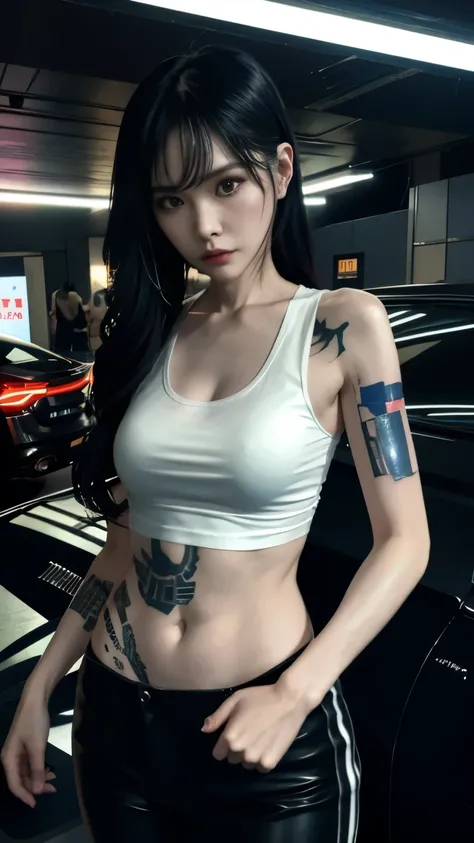 (highest quality)，masterpiece，Super detailed，8K, UHD，Beautiful woman，japanese woman，No expression，whole body，((tattoo))，slim，black slacks，white tank top，(female mafia)，gangster，(cyberpunk city)，night，cinematic lightening，underworld