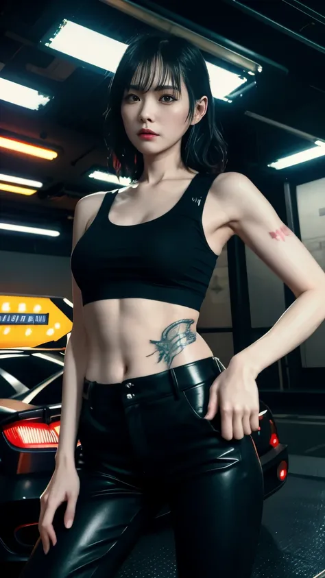 (highest quality)，masterpiece，Super detailed，8K, UHD，Beautiful woman，japanese woman，No expression，whole body，((tattoo))，slim，black slacks，white tank top，(female mafia)，gangster，(cyberpunk city)，night，cinematic lightening，underworld