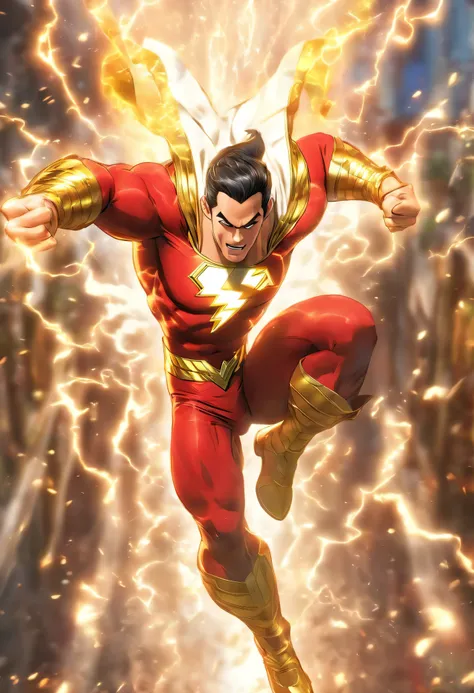 Shazam in action, 1boy, mcu, best entrence pose, ultra detail, 8k, photo-realistic, octane render, unreal engine, ultra-realistic