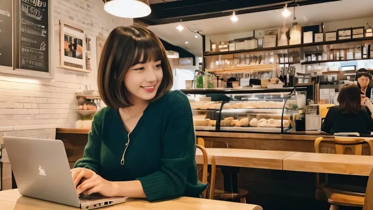 ((最high quality, 8k, masterpiece: 1.3)), perfect face,Inside a stylish cafe in New York、A scene in which a beautiful model-like woman with big breasts is drinking a latte and studying on a laptop.,everything around you, I can see other customers enjoying t...