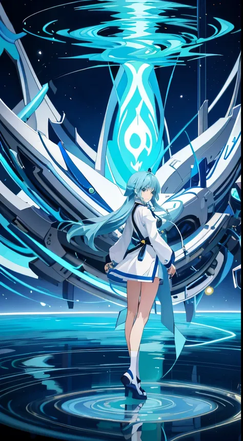 Masterpiece of exceptional quality, featuring a solo girl in an aqua Konosuba-inspired outfit with long, blue hair cascading down her back and striking blue eyes. She wears a pristine white shirt and a long lab coat, paired with a black office skirt and th...