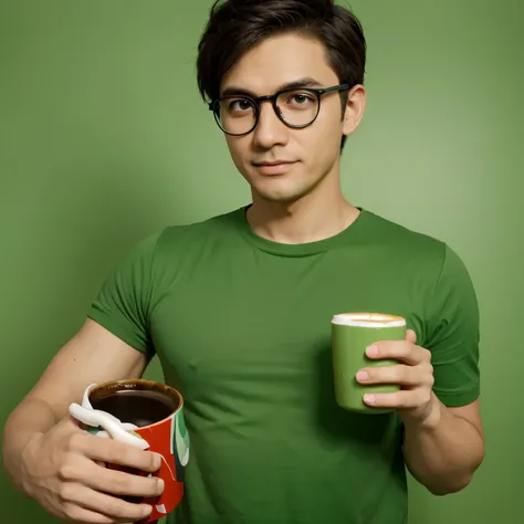 Cartoon lazy anime character who wears male glasses with green background and has a cup of coffee in his hand