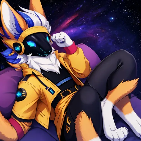 Highres, Furry, Male, galaxy background, gaming clothes, wearing headphones, galaxy eyes