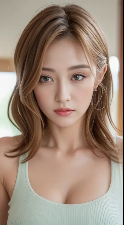 ((highest quality, 8k, masterpiece :1.3)), 1 girl, A cute woman who emphasizes her slender abdominal muscles:1.3, (casual hairstyles, huge tit:1.2),big breasts,cleavage, leisure wear:1.2, in the room, super detailed face, fine eyes, double eyelid，Keep your...