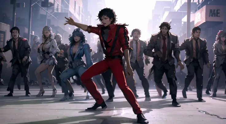 mjthriller surrouded by zombies, dancing King of POP, epic