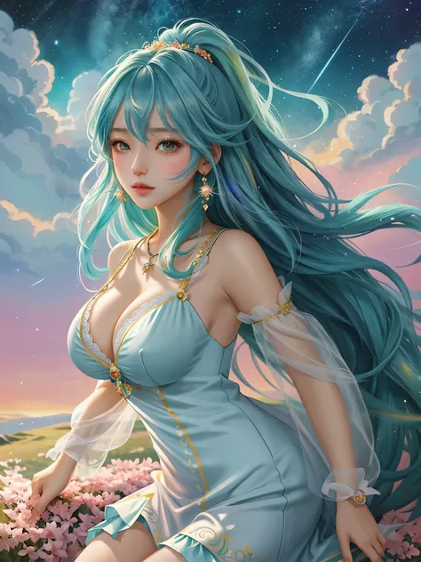 colorfulな髪とネックレスを持つ女性のクローズアップ, anime girl with space hair, The soft vibrancy of Ross Dress, Gviz-inspired artwork, fantasy art style, colorful]", vivid fantasy style, rossdraws cartoon vibrant, colorful, Gweiz, colorfulなデジタル ファンタジー アート, great art style, be...