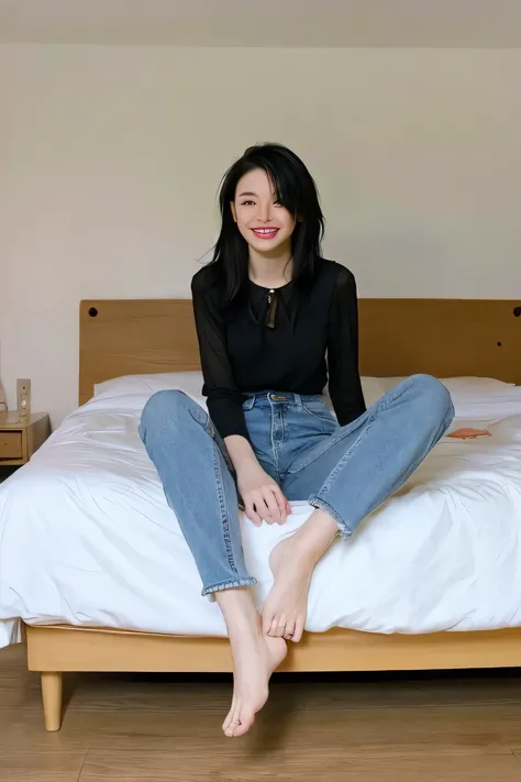 ((highest quality)), ((masterpiece)),  perfect face、A neat and beautiful woman sitting on the bed in the room、black hair、long sleeve blouse、skinny denim、barefoot、not wearing shoes、smile、smile showing teeth、ear piercing、looking at camera、full body photo、dig...