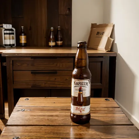 1 beer bottle on the wooden table drawer, white wall house , beer bottle wrapped, packed 