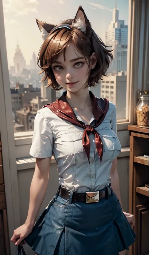 very young slim fit girl, pioneer neckerchief, very short blue skirt, bangs, collarbone, tight white shirt, bursting breast, sho...