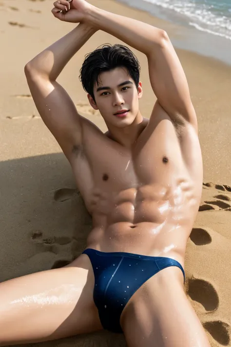 1 young man, age 18, Opposite 3, (Masterpiece, Excellent quality, high resolution, 8ก, complex: 1.2), (detailed face: 1.2), (Red thong panties), (Not wearing a shirt), Very handsome, Wavy abdominal muscles, Abdominal hair, Beautiful skin, short hair, Lying...