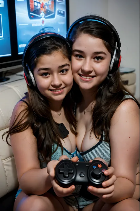 2heads, two headed girl, gamer, nerdy, chubby, age 16, playing game, holding controller, wearing gaming headset, American, cute,