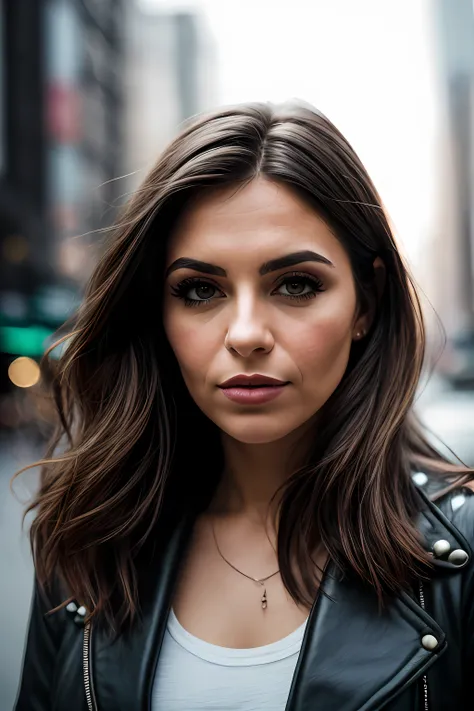 Escuro e sombrio, 8K, a close-up photo of the brunette with New York City behind her, textura realista, Dynamic Composition, Fujifilm XT2, 85 mm F1.2, 1/Velocidade do obturador 80, (bokeh), alto contraste