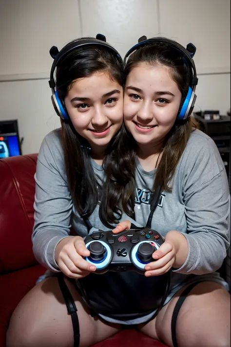 2heads, two headed girl, gamer, nerdy, chubby, age 16, playing game, holding controller, wearing gaming headset, American, cute,