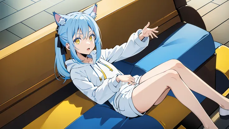 anime girl, Cat ears, beautiful yellow eyes, Wearing a white hoodie, bare legs, Poker face, Same picture with mature anime characters, light blue long hair， Wear cross earrings, yellow eyes, Poker face as well, Wearing a white hoodie, 8k, high resolution，l...