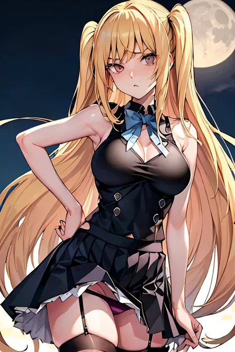 muste piece, best quality, 1 girl,blonde, (black eye:1.2),((full moon))、(((Panty stocking)))、((embarrassed expression))、((Mi Hai Sand))、((Photo from below))、(((school uniform)))、((long hair))、((big breastini skirt))、