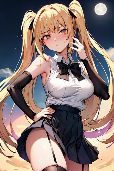 muste piece, best quality, 1 girl,blonde, (black eye:1.2),((full moon))、(((Panty stocking)))、((embarrassed expression))、((Mi Hai Sand))、((Photo from below))、(((school uniform)))、((long hair))、((big breastini skirt))、(twin tails)、