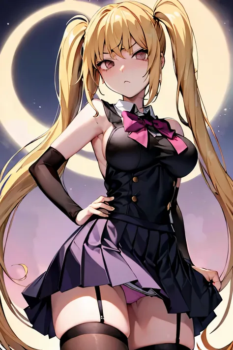 muste piece, best quality, 1 girl,blonde, (black eye:1.2),((full moon))、(((Panty stocking)))、((embarrassed expression))、((Mi Hai Sand))、((Photo from below))、(((school uniform)))、((long hair))、((big breastini skirt))、(twin tails)、