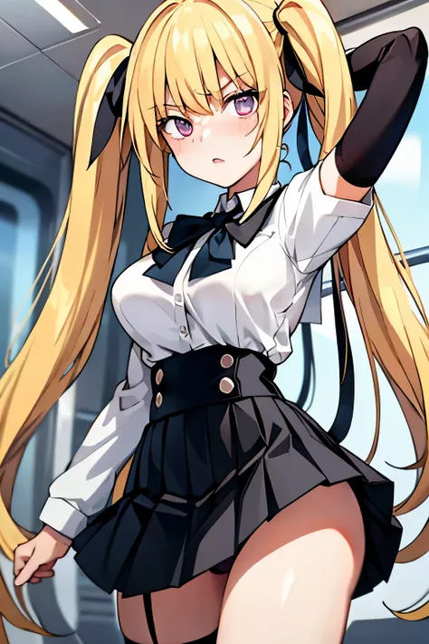 muste piece, best quality, 1 girl,blonde, (black eye:1.2),((on the train))、(((Panty stocking)))、((embarrassed expression))、((Mi Hai Sand))、((Photo from below))、(((school uniform)))、((long hair))、((big breastini skirt))、(twin tails)、