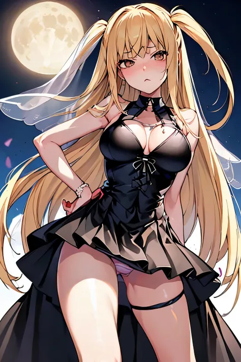 muste piece, best quality, 1 girl,blonde, (black eye:1.2),((full moon))、(((Panty stocking)))、((embarrassed expression))、((Mi Hai Sand))、((Photo from below))、(((Wedding dress)))、((long hair))、((big breastini skirt))、