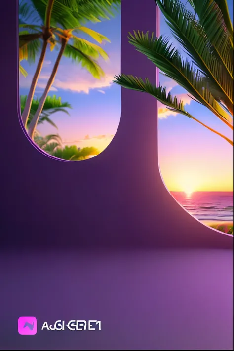 there is a picture of a window with a view of the ocean, highly detailed surreal vfx, purple volumetric lighting, cinema 4d colorful render, purple aethetic, aesthetic octane render, vaporwave wallpaper environment, vaporwave sunrise background, animation ...