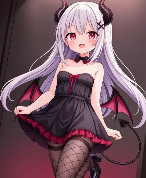 hda_masterpiece, 1girl, hda_hikari, thrilled, demon girl, demon horns, demon tail, demon wings, strapless dress, thighhighs, fis...