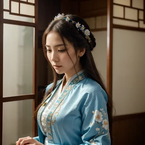 The figure is a woman portrayed in a graceful pose with a serene and contemplative expression. Her attire and styling suggest traditional East Asian influences, likely a form of hanfu with its flowing layers and intricate patterns. The garment is detailed ...