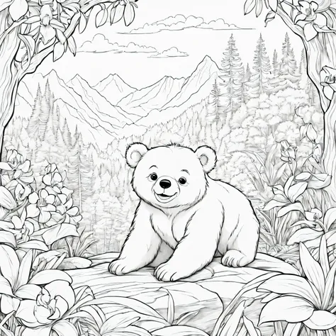 line drawing, pixar style, coloring page an adorable little bear resting in his den among vibrant orchids in a north american in...