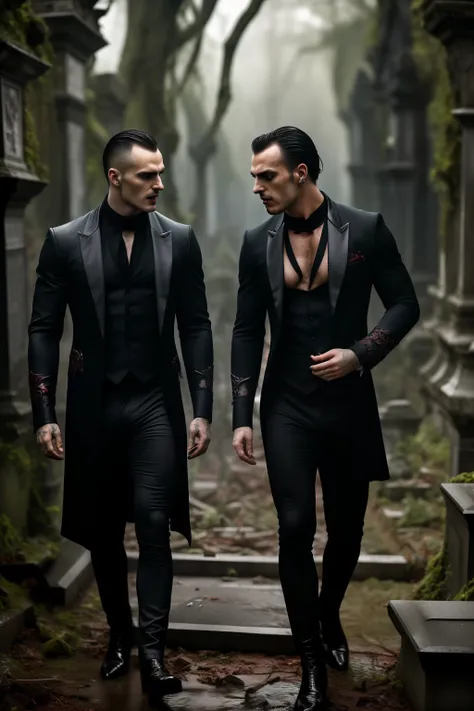 Two male sexy vampires greedily bite another very handsome erotic man helpless and almost fainting with his clothes in tatters, in the depths of an abandoned Gothic cemetery, among ruined tombs, mosses and wild vines