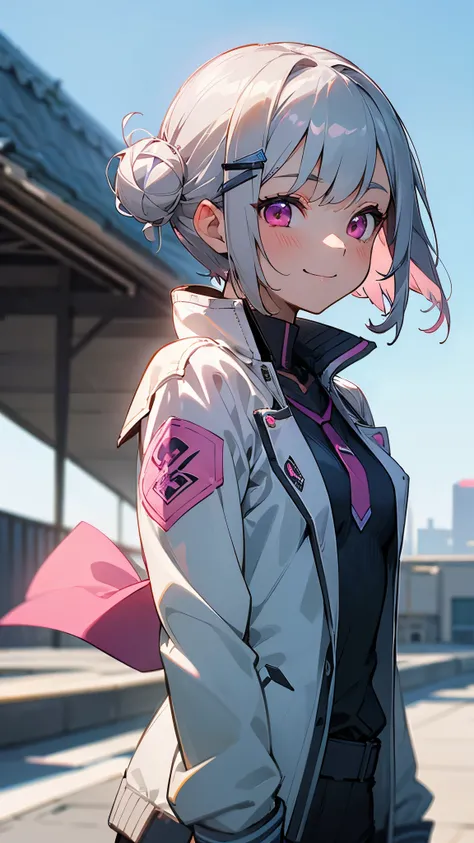 (highest quality、Extra fine、genuine)、1 girl、riders jacket、small breasts、Silver short bob hair clip tied into a bun、pink eyes、From the side、gloves、evil smile、roof of the building、Blowin in the wind、blue sky、upper body close-up、sharp outline