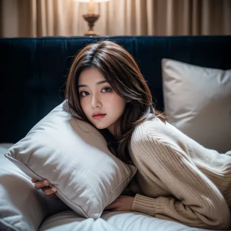 a beautiful woman is posing for an advertisement for pillows and bolsters, for an advertisement she is holding a pillow to show ...