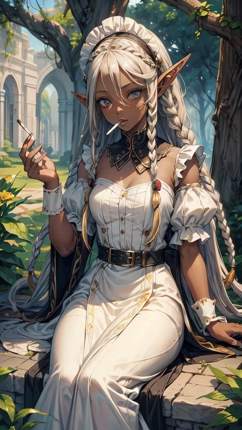 ((black skin maid elf) ((Cornrow Hair Short Dreadlocks)) (solo:1.3 blonde hair long hair detailed elf woman, 1000 yo, detailed silver eyes), ((cigarette in mouth)), open mouth, in a lovely Maid clothes, in the enchanted garden, break, perfect anatomy, mast...