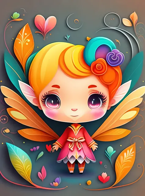 the colorida abstract of cute little fairy and elfs, (colorida,altamente detalhado,arte vetorial)