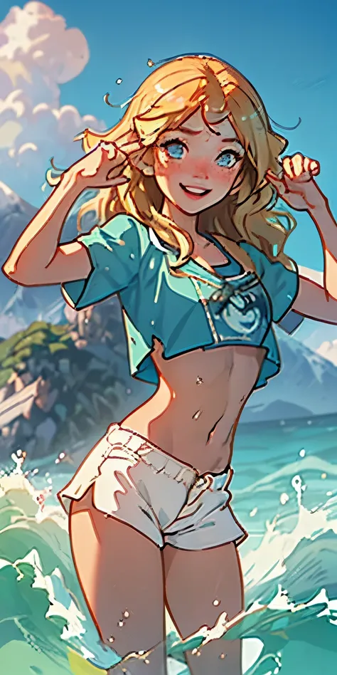 (best quality, masterpiece), 1girl, paw pose, smile, laughing, ocean, crop top, shorts, blonde, freckles, blush, looking at viewer, wavy hair, cloud, splashing, waves, sun, mountain, wet